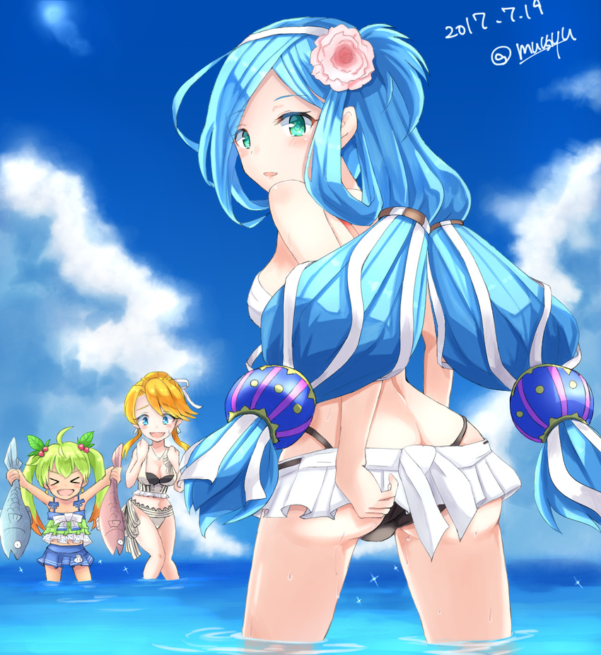 &gt;_&lt; 3girls ahoge aqua_eyes ass bare_shoulders blue_eyes blue_hair blush breasts butt_crack dana_(ys) dark_skin eyes_closed fish flower from_behind gradient_hair green_hair hair_flower hair_ornament highleg highleg_panties laxia_(ys) long_hair looking_back multicolored_hair multiple_girls mussyu open_mouth orange_hair ponytail red_hair ricotta_(ys) shiny shiny_hair shiny_skin short_hair_with_long_locks sideboob skirt smile sweatdrop swimsuit twintails two-tone_hair very_long_hair white_hair ys ys_viii_lacrimosa_of_dana