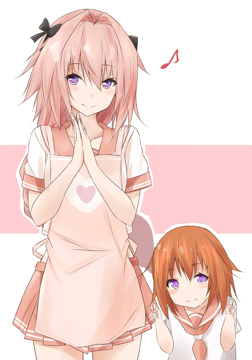 1girl :&gt; apron astolfo_(fate) bangs black_bow blush bow closed_mouth commentary double_v eighth_note eyebrows_visible_through_hair fate/apocrypha fate/grand_order fate_(series) father_and_daughter hair_between_eyes hair_bow hair_intakes hands_up heart heart-shaped_pupils heart_print highres if_they_mated looking_at_viewer musical_note orange_hair otoko_no_ko own_hands_together pink_hair pink_skirt pleated_skirt purple_eyes saku_(kudrove) school_uniform serafuku short_sleeves sidelocks skirt smile symbol-shaped_pupils tsurime v