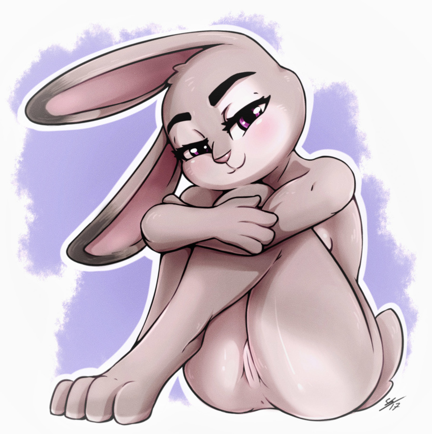 2017 4_fingers 4_toes anthro anus bedroom_eyes blush breasts butt digital_media_(artwork) dipstick_ears disney eyebrows eyelashes female front_view full-length_portrait fur grey_fur half-closed_eyes happy hi_res judy_hopps lagomorph looking_at_viewer mammal naughty_face nude on_ground portrait purple_eyes pussy rabbit secretly_saucy seductive simple_background sitting smile solo toes wide_hips zootopia