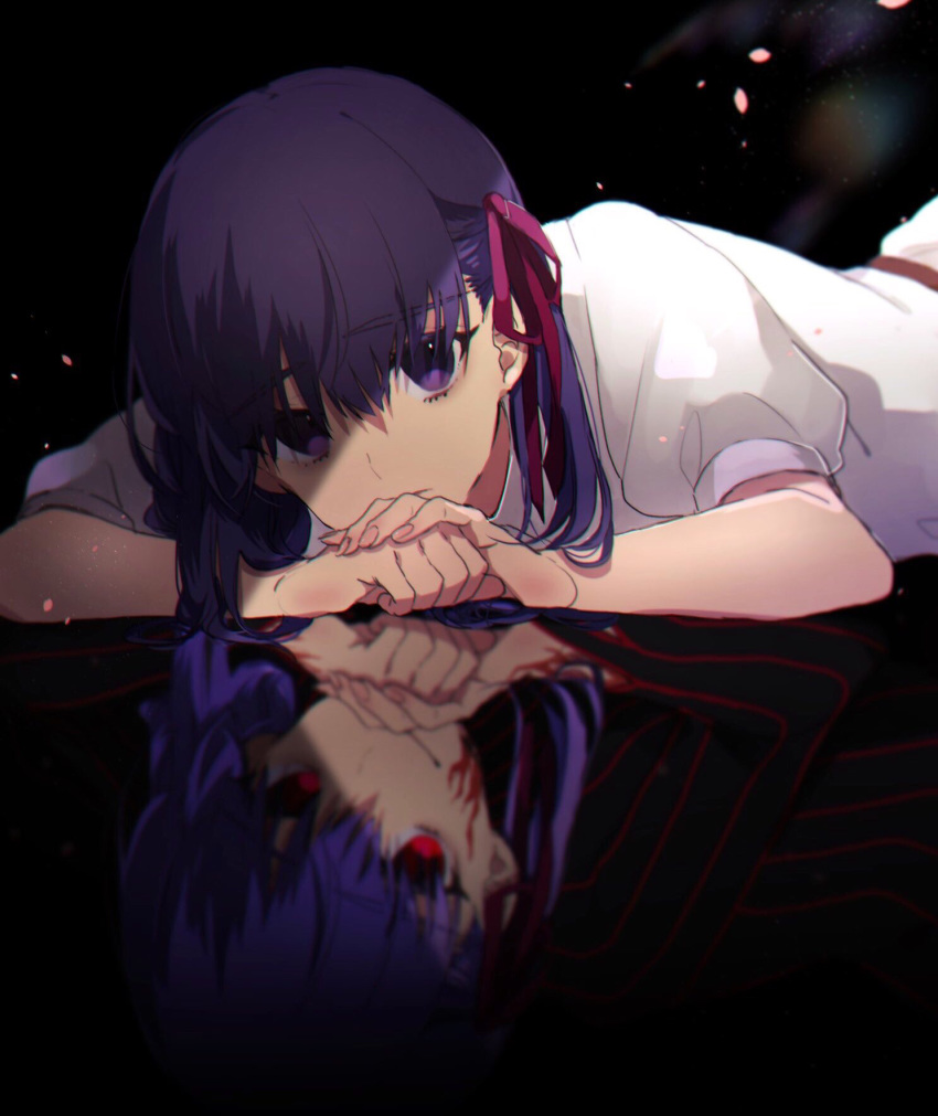 1girl bangs black_dress blurry chinanan closed_mouth commentary_request dark_background dark_sakura depth_of_field different_reflection dress expressionless eyebrows_visible_through_hair fate/stay_night fate_(series) fingernails hair_ribbon heaven's_feel highres long_hair lying matou_sakura on_stomach own_hands_together petals pink_ribbon puffy_short_sleeves puffy_sleeves purple_eyes purple_hair red_eyes reflection reflective_floor ribbon short_sleeves smug striped striped_dress white_dress