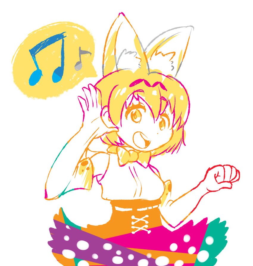 animal_ears beamed_eighth_notes bow bowtie colorful cowboy_shot dot_nose eighth_note elbow_gloves extra_ears eyebrows_visible_through_hair gloves high-waist_skirt highres kemono_friends looking_at_viewer musical_note open_mouth round_teeth serval_(kemono_friends) serval_ears serval_print shirt simple_background skirt sleeveless sleeveless_shirt solo speech_bubble tareme teeth triple-q white_background white_shirt