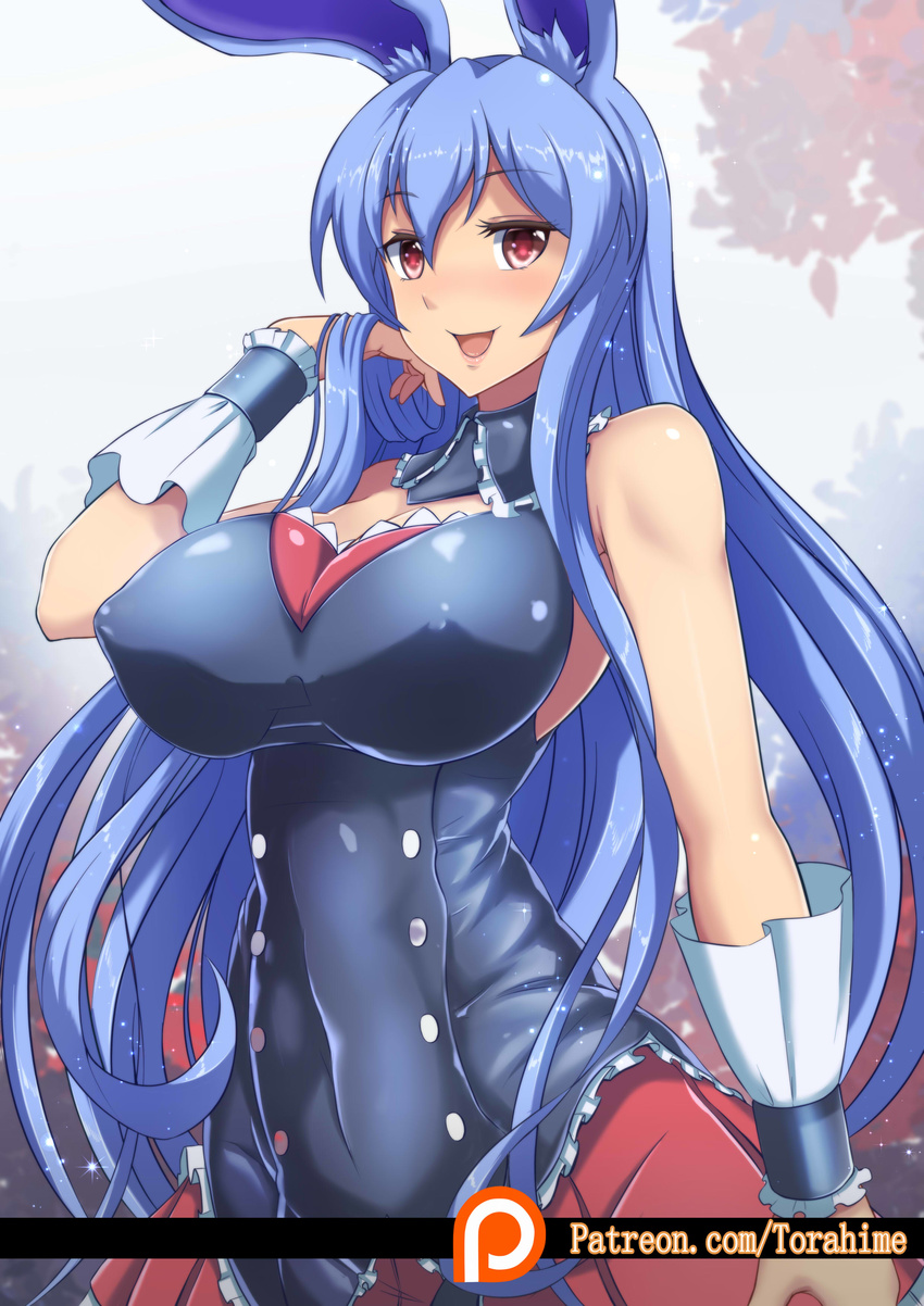 absurdres animal_ears bangs bare_shoulders blue_hair breasts bunny_ears buttons cleavage covered_navel covered_nipples detached_collar eyebrows_visible_through_hair hand_in_hair highres kurousagi_(mondaiji) large_breasts light_particles long_hair looking_at_viewer mondaiji-tachi_ga_isekai_kara_kuru_sou_desu_yo? open_mouth pantyhose pink_lips pleated_skirt red_eyes red_skirt shiny shiny_clothes shiny_hair shiny_skin simple_background skirt smile solo standing torahime_(roland00) very_long_hair watermark web_address wrist_cuffs