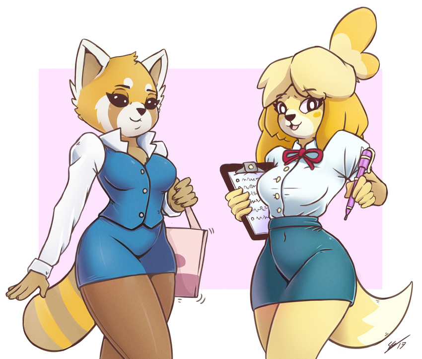 2017 aggressive_retsuko animal_crossing anthro bag blouse bow_tie breasts canine cleavage clothed clothing crossover digital_media_(artwork) dipstick_tail dog duo eyelashes female fur hair holding_object isabelle_(animal_crossing) legwear looking_at_viewer mammal multicolored_tail nintendo notepad open_mouth open_smile pen red_panda retsuko sanrio secretly_saucy shih_tzu shirt simple_background skirt smile standing vest video_games