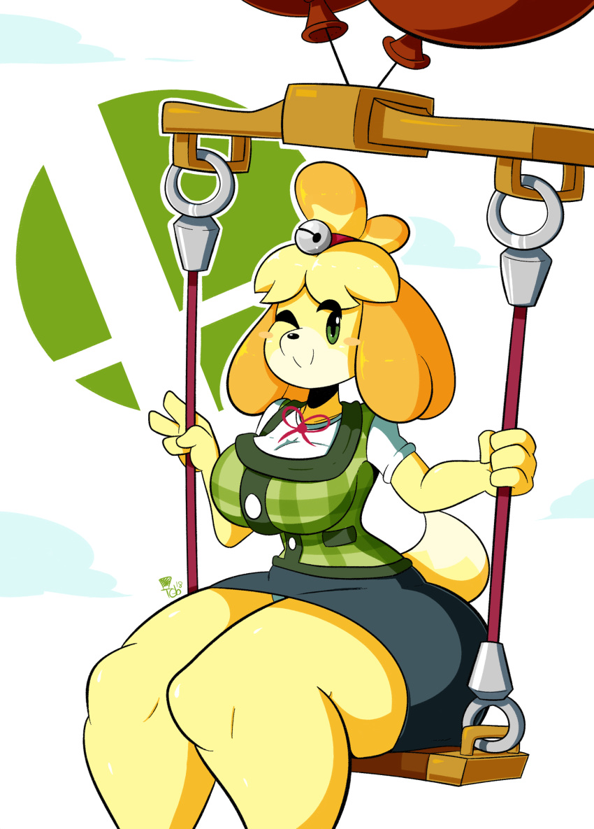 2018 animal_crossing anthro balloon big_breasts blush blush_stickers breasts canid canine canis clothed clothing digital_media_(artwork) dog female fur hair hi_res huge_breasts isabelle_(animal_crossing) looking_at_viewer mammal nintendo one_eye_closed shih_tzu simple_background sitting smile solo super_smash_bros super_smash_bros._ultimate swing thegentlebro thick_thighs video_games voluptuous wide_hips wink yellow_fur