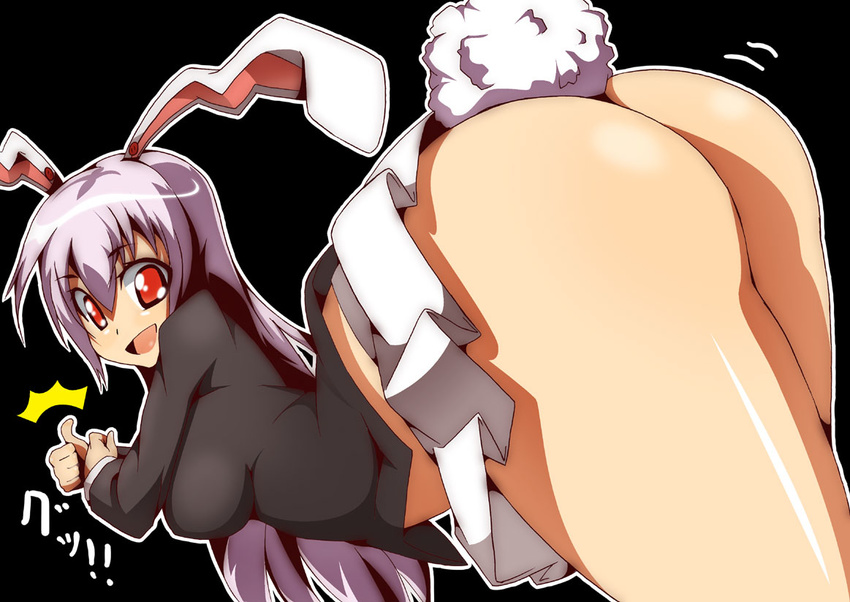 animal_ears ass bent_over bunny_ears bunny_tail lavender_hair long_hair lying no_panties purple_hair red_eyes reisen_udongein_inaba solo tail thumbs_up top-down_bottom-up toudori touhou