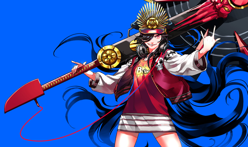 \n/ black_hair blue_background buster_shirt cowboy_shot fate/grand_order fate_(series) grin hair_over_one_eye hat headphones headphones_around_neck highres huge_weapon jacket koha-ace letterman_jacket long_hair long_sleeves looking_at_viewer oda_nobunaga_(fate) oda_nobunaga_(swimsuit_berserker)_(fate) over_shoulder peaked_cap red_eyes red_jacket red_shirt shirt simple_background skirt skull smile smirk solo standing striped striped_skirt tenobe very_long_hair weapon weapon_over_shoulder weapon_request