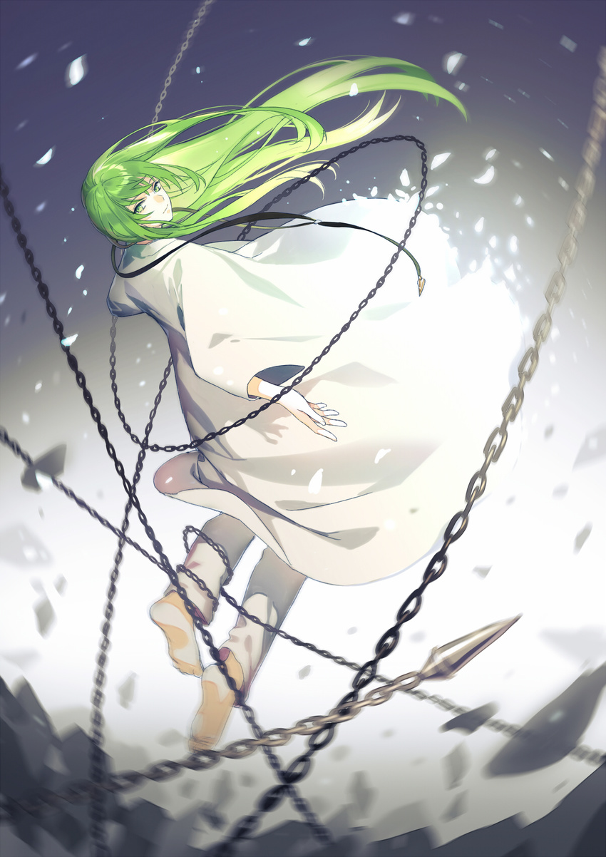 bangs barefoot chain closed_mouth commentary_request debris enkidu_(fate/strange_fake) enkidu_(weapon) eyebrows_visible_through_hair fate/strange_fake fate_(series) from_behind full_body green_eyes green_hair highres kangetsu_(fhalei) long_hair long_sleeves looking_at_viewer looking_back male_focus robe solo white_robe