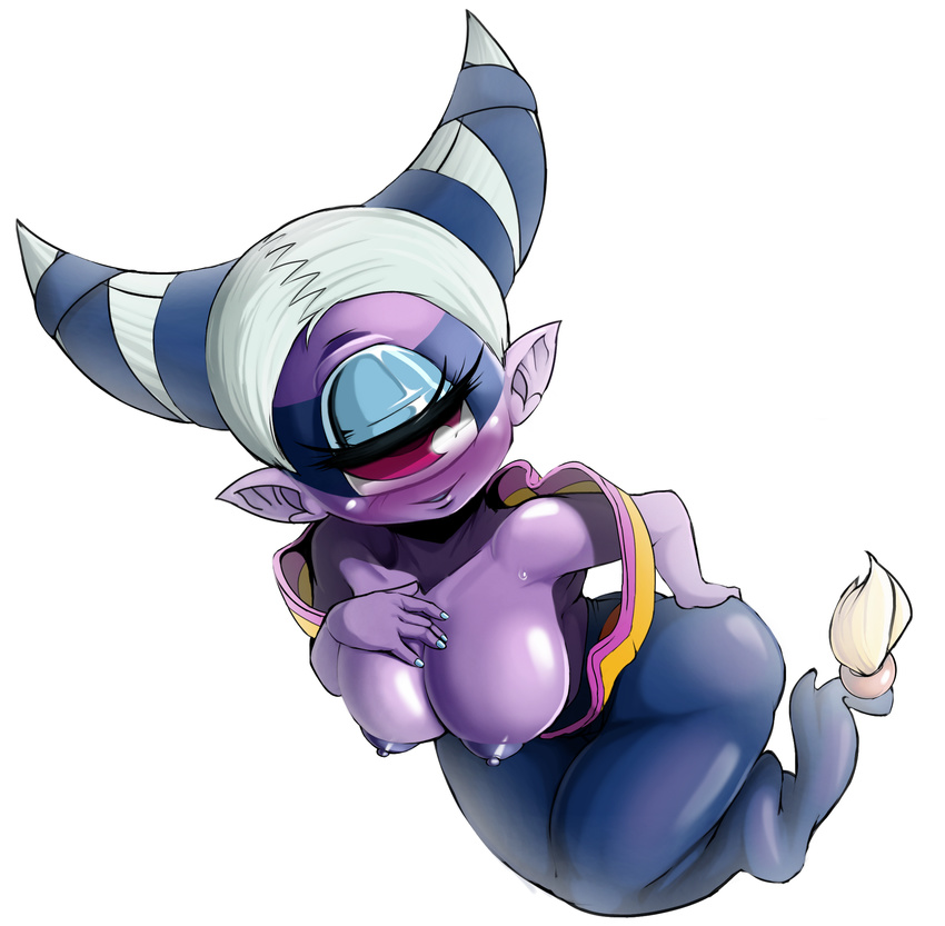1_eye big_breasts blush breasts cleavage clothed clothing dwn-000 female ghost hair hand_on_butt insomni nipples not_furry pointy_ears purple_eyes simple_background smile solo spirit video_games white_background white_hair yo-kai_watch
