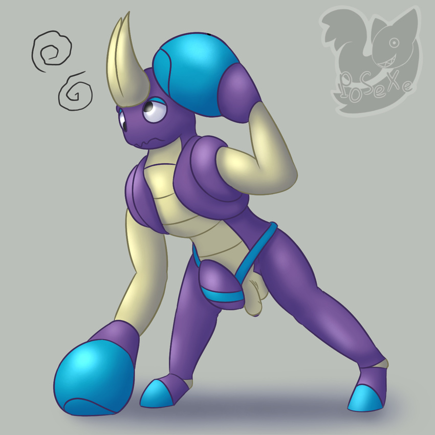 anthro anthrofied arthropod balls blue_skin boxing_gloves clothing confusion crab crabrawler crustacean flaccid half-closed_eyes horn humanoid_penis male marine nintendo nude partially_retracted_foreskin penis pok&eacute;mon posexe purple_skin simple_background solo spread_legs spreading standing uncut underwear video_games wardrobe_malfunction watermark white_background white_skin