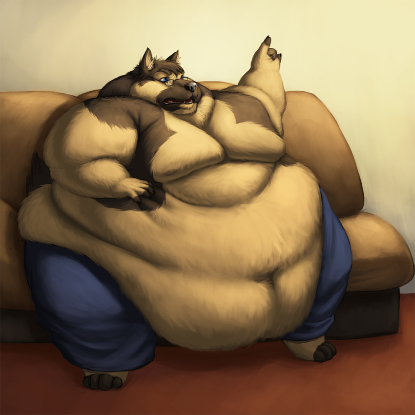 anthro barefoot belly belly_overhang big_belly brown_fur canine chubby_cheeks claws clothed clothing dog double_chin eyewear fur german_shepherd glasses hand_on_stomach hyper hyper_belly inside love_handles male mammal moobs morbidly_obese navel obese obese_male open_mouth overweight overweight_male pointing pointing_up sitting solo sugarboy tan_fur thick_thighs topless wide_hips