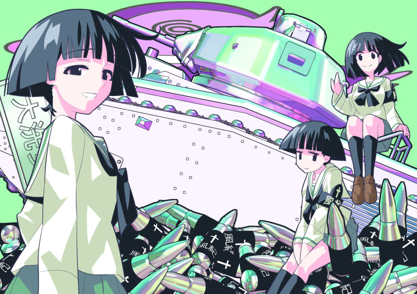 3girls black_eyes black_hair breasts caterpillar_tracks char_b1 emblem girls_und_panzer gotou_moyoko ground ground_vehicle highres inou_takashi konparu_nozomi military military_vehicle motor_vehicle multiple_girls ooarai_school_uniform school_uniform shirt short_hair skirt smile sono_midoriko tank tank_shell