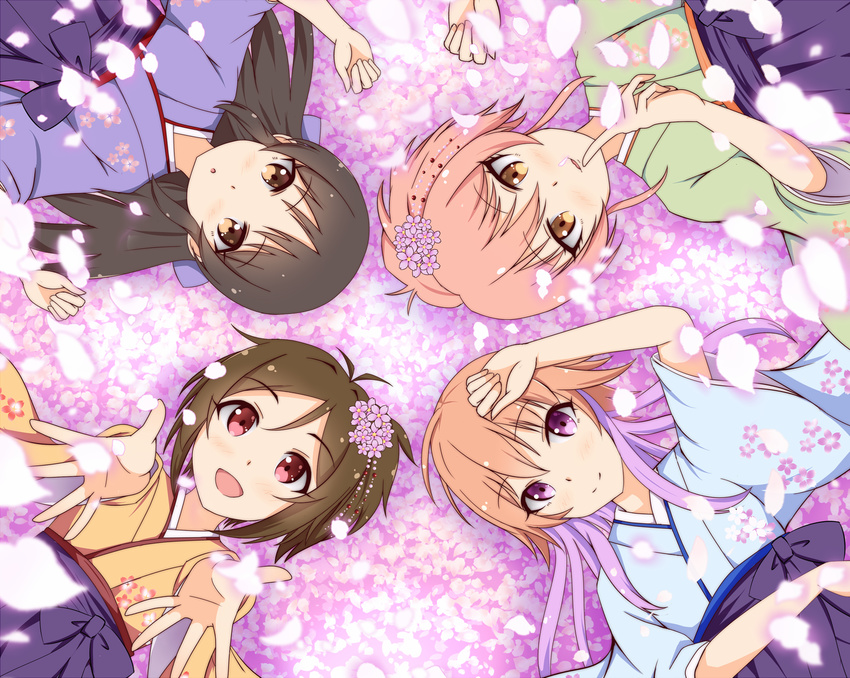 :d arm_up black_hair blue_kimono brown_eyes brown_hair circle_formation doumyouji_karin eyebrows_visible_through_hair finger_to_mouth flower from_above green_kimono hair_between_eyes hair_flower hair_ornament hakama highres idolmaster idolmaster_cinderella_girls index_finger_raised japanese_clothes jougasaki_mika kimono kochiya_hizuki long_hair looking_at_viewer lying multicolored_hair multiple_girls ninomiya_asuka on_back one_side_up open_mouth orange_kimono outstretched_arms parted_lips pink_flower pink_hair ponytail purple_eyes purple_flower purple_hair purple_hakama purple_kimono red_eyes short_hair smile tachibana_arisu two-tone_hair