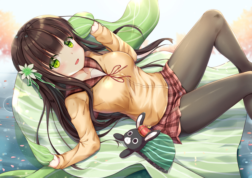 animal anko_(gochiusa) bangs black_legwear blunt_bangs breasts brown_hair bunny commentary_request cowboy_shot gochuumon_wa_usagi_desu_ka? green_eyes highres long_hair long_sleeves looking_at_viewer lying medium_breasts niiya on_back pantyhose plaid plaid_skirt pleated_skirt sailor_collar school_uniform serafuku sidelocks skirt ujimatsu_chiya