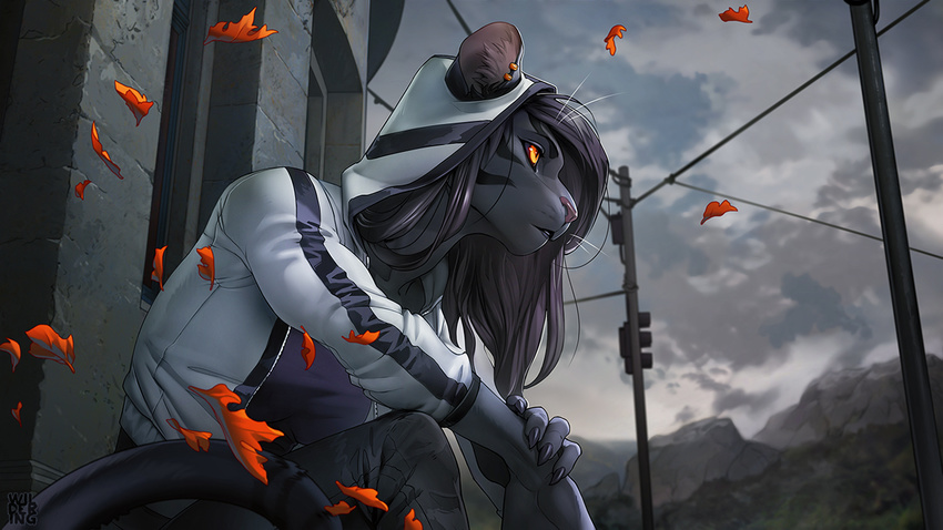 5_fingers amber_eyes anthro black_fur day detailed_background feline female fur hair mammal outside purple_hair sky solo tiger wildering