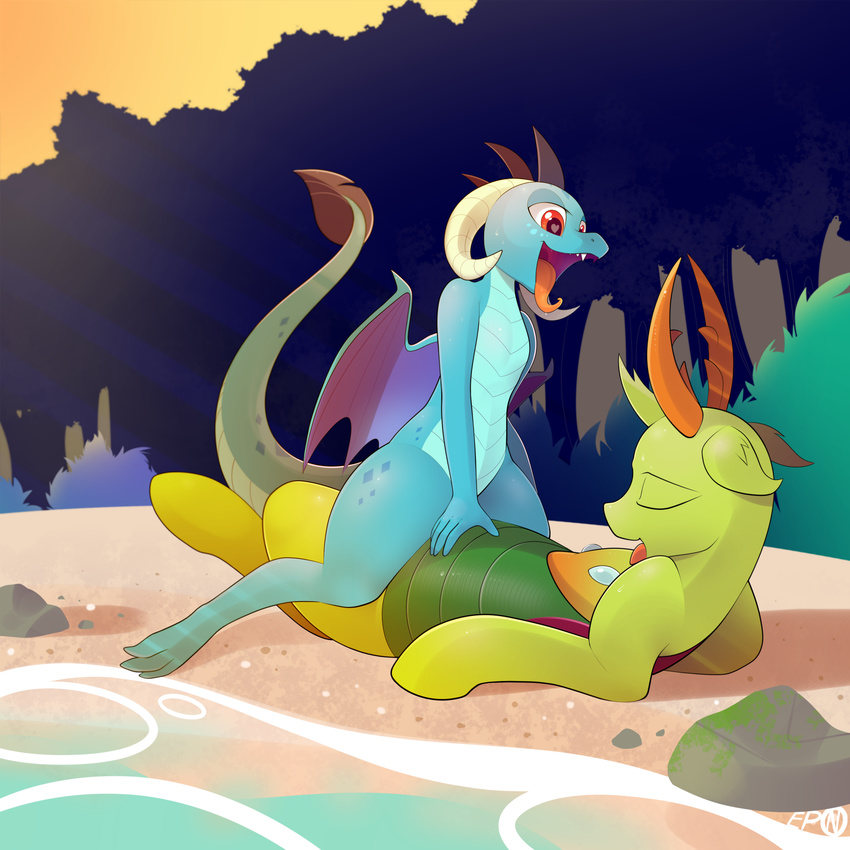 &lt;3 &lt;3_eyes b-epon beach braddo changeling cowgirl_position dragon duo female forest friendship_is_magic male male/female my_little_pony on_top princess_ember_(mlp) river scalie seaside sex suggestive thorax_(mlp) tongue tree