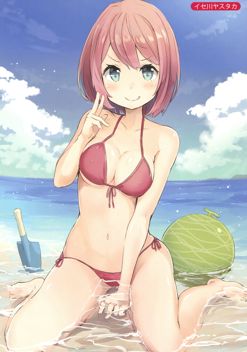 &gt;:) absurdres bangs beach between_legs bikini blue_eyes blue_sky blush breasts c: closed_mouth cloud cloudy_sky collarbone day eyebrows_visible_through_hair front-tie_bikini front-tie_top hand_between_legs hand_up highres isegawa_yasutaka looking_at_viewer medium_breasts melonbooks navel original outdoors pink_hair purple_bikini scan short_hair side-tie_bikini sidelocks sky smile solo swimsuit thighs trowel v v-shaped_eyebrows