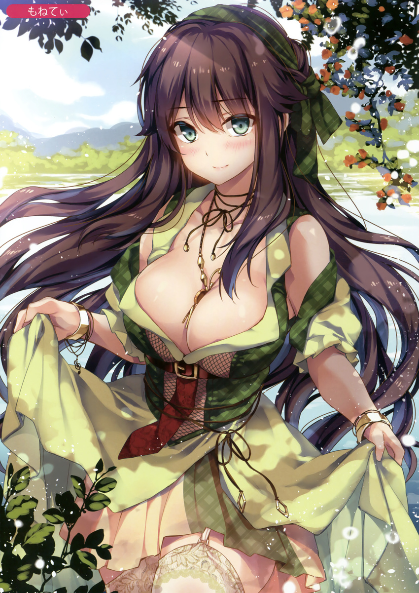 absurdres artist_name between_breasts blush bracelet breasts brown_hair cleavage closed_mouth cowboy_shot day dress eyebrows_visible_through_hair fishnets garter_straps green_dress green_eyes hair_ribbon highres jewelry large_breasts long_hair looking_at_viewer melonbooks moneti_(daifuku) necklace outdoors ribbon scan sidelocks skirt_hold smile solo thighhighs underbust very_long_hair wristband