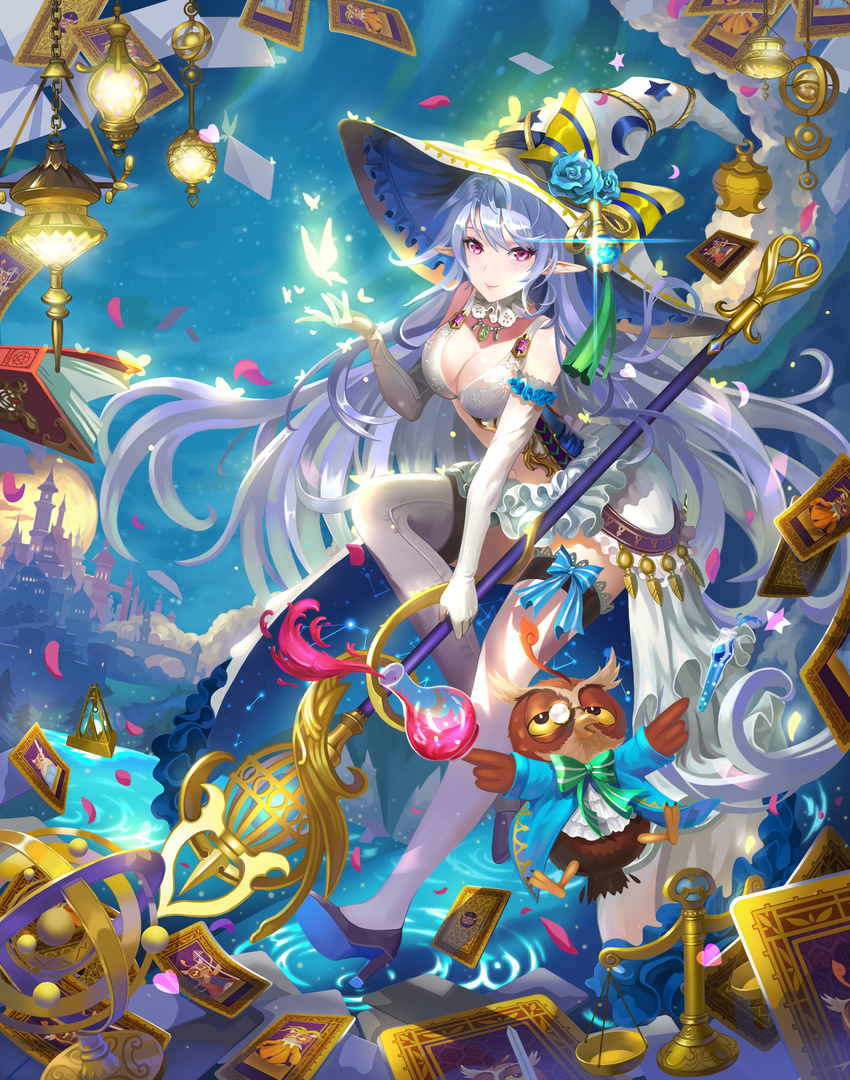 absurdres bird breasts cleavage elbow_gloves gloves hat heart high_heels highres holding holding_staff hongse_beiyu large_breasts long_hair looking_at_viewer original owl pink_eyes pointy_ears silver_hair solo staff thighhighs very_long_hair white_gloves white_legwear witch_hat