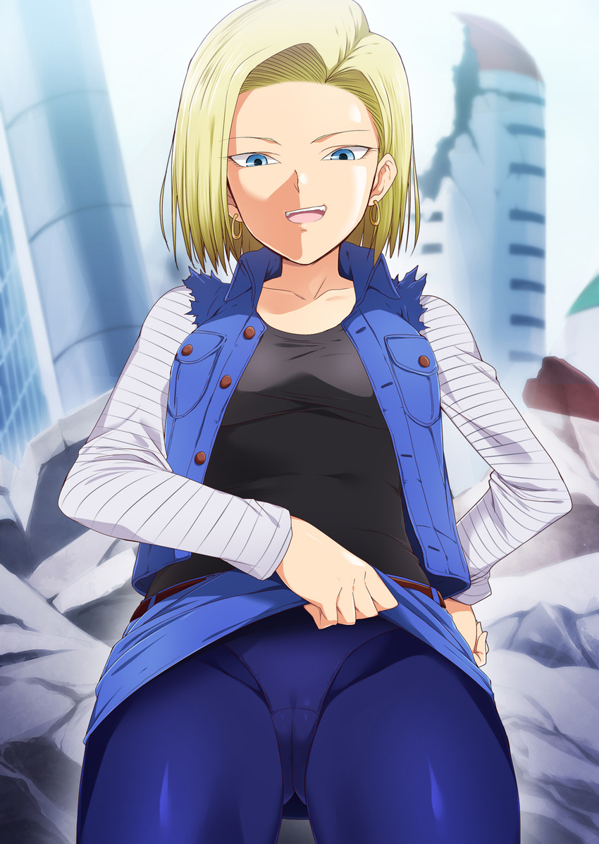 1girl android_18 belt black_shirt blonde_hair blue_eyes blue_skirt bob_cut breasts cameltoe cowboy_shot dragon_ball dragonball_z earrings hand_on_hip highres hoop_earrings jacket kaiga legs looking_at_viewer open_jacket open_mouth outdoors panties panties_under_pantyhose pantyhose raglan_sleeves shirt short_hair skirt skirt_lift smile solo standing thighs underwear