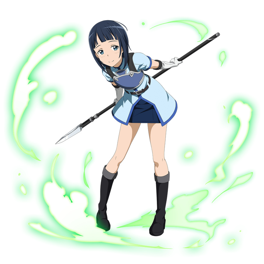 black_hair blue_eyes boots detached_sleeves elbow_gloves full_body gloves highres holding holding_spear holding_weapon knee_boots leaning_forward looking_at_viewer mole mole_under_eye official_art polearm sachi_(sao) short_hair short_sleeves skirt smile solo spear sword_art_online transparent_background two-handed weapon white_gloves