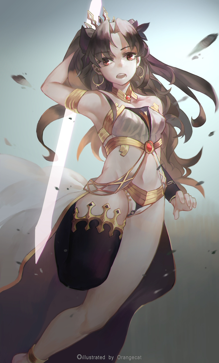 anni_de_chengzi_mao arm_behind_back armpits artist_name breasts brown_hair crown dutch_angle earrings fate/grand_order fate_(series) groin highres hips hoop_earrings ishtar_(fate/grand_order) jewelry long_hair long_legs medium_breasts navel red_eyes single_thighhigh solo standing standing_on_one_leg sword thighhighs twintails waist_cape weapon