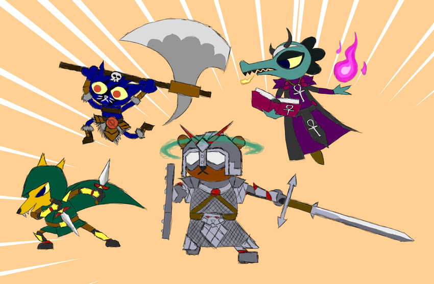 alligator angus_(nitw) ankh armor axe barbarian bastard_sword battle_axe bea_(nitw) bear book boots canine cape cat claymore cloak clothing crocodile crocodilian dagger darlos9d_(artist) dual_wielding face_paint fantasy feline fire fire_breathing footwear fox gregg_(nitw) helmet holding_object holding_weapon hood horn knife knight longsword mae_(nitw) magic_user mammal melee_weapon night_in_the_woods reptile rogue scalie shield shoulder_pads skull spellbook sword weapon witch