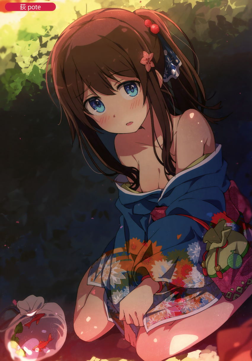 absurdres baggy_pants bangs blue_kimono blurry blush breasts brown_hair cleavage collarbone day depth_of_field eyebrows_visible_through_hair floral_print hair_ornament highres japanese_clothes kimono kimono_pull kinchaku long_hair looking_at_viewer medium_breasts melonbooks ogipote open_mouth original outdoors pants ponytail pouch scan sidelocks sitting solo wariza yukata