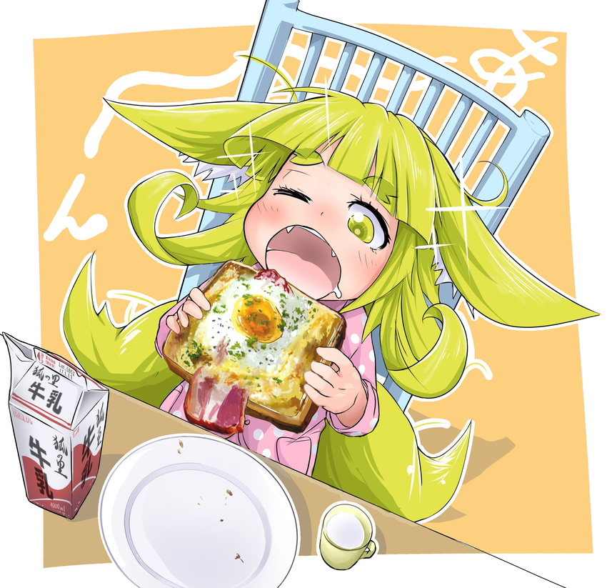 animal_ears bacon bangs blonde_hair blunt_bangs blush chair child commentary_request cup doitsuken drooling eating fangs food fox_child_(doitsuken) fox_ears fox_girl fox_tail fried_egg from_above highres holding holding_food long_sleeves looking_down medium_hair messy_hair milk milk_carton multiple_tails one_eye_closed open_mouth orange_background original pajamas pink_pajamas plate polka_dot_pajamas short_eyebrows sitting solo sparkle table tail thick_eyebrows toast two_tails yellow_eyes