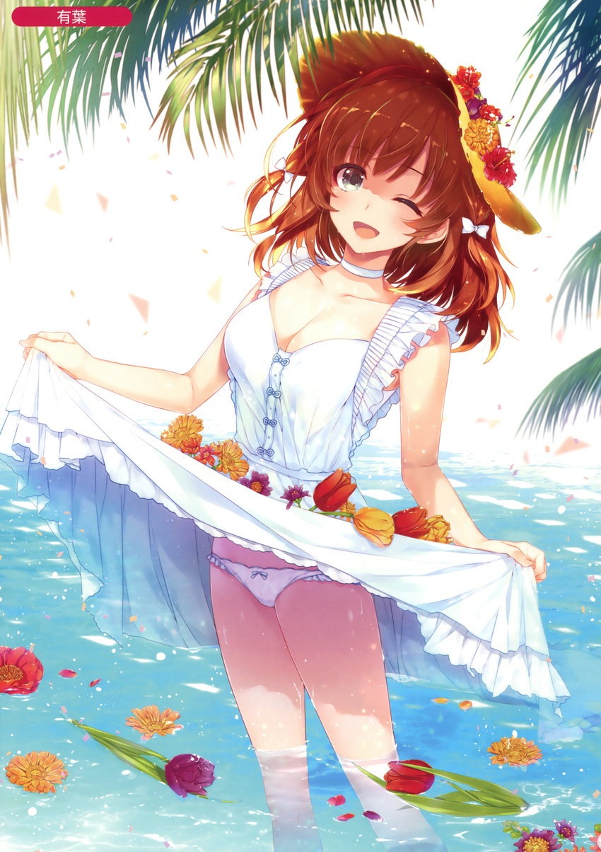 :d absurdres alpha_(yukai_na_nakamatachi) artist_name bangs bare_legs blue_eyes bow bow_panties breasts brown_hair cleavage collarbone dress dress_lift dripping eyebrows_visible_through_hair flower frilled_dress frills hair_bow hat hat_flower highres lifted_by_self looking_at_viewer medium_breasts melonbooks one_eye_closed open_mouth original outdoors palm_tree panties scan skirt_basket sleeveless sleeveless_dress smile solo standing straw_hat tree underwear wading water wet white_bow white_dress white_neckwear white_panties