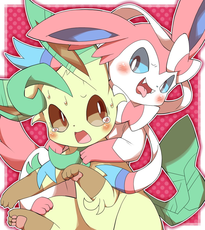 blush duo eeveelution embarrassed evil_anaunara fangs leafeon nintendo pok&eacute;mon simple_background sylveon tears tongue tongue_out video_games