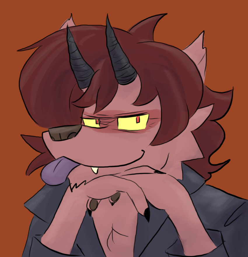 doopcity furry_satan head_on_hands red_background red_iris simple_background tongue tongue_out yellow_sclera