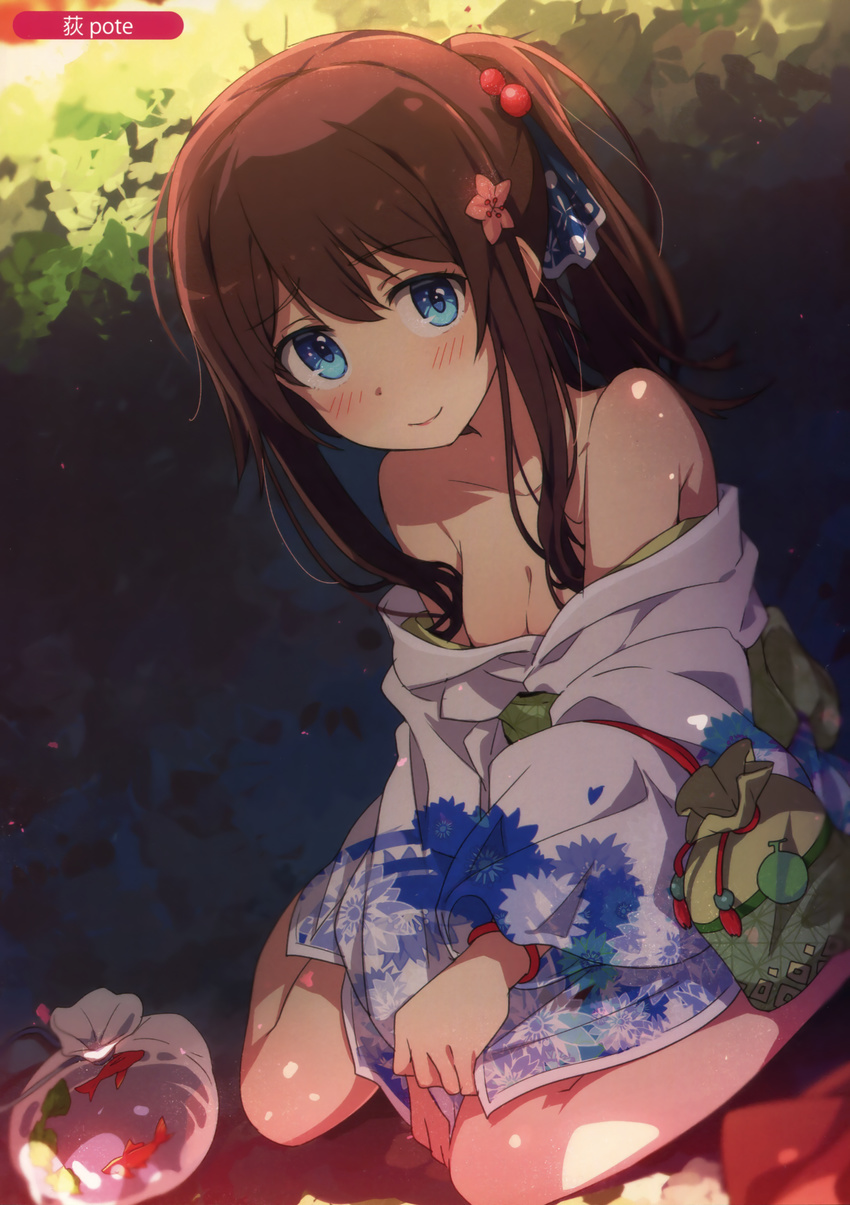 absurdres areolae baggy_pants bangs blurry blush breasts brown_hair cleavage closed_mouth collarbone day depth_of_field eyebrows_visible_through_hair floral_print hair_ornament highres japanese_clothes kimono kimono_pull kinchaku long_hair looking_at_viewer medium_breasts melonbooks ogipote original outdoors pants ponytail pouch scan sidelocks sitting smile solo wariza white_kimono yukata