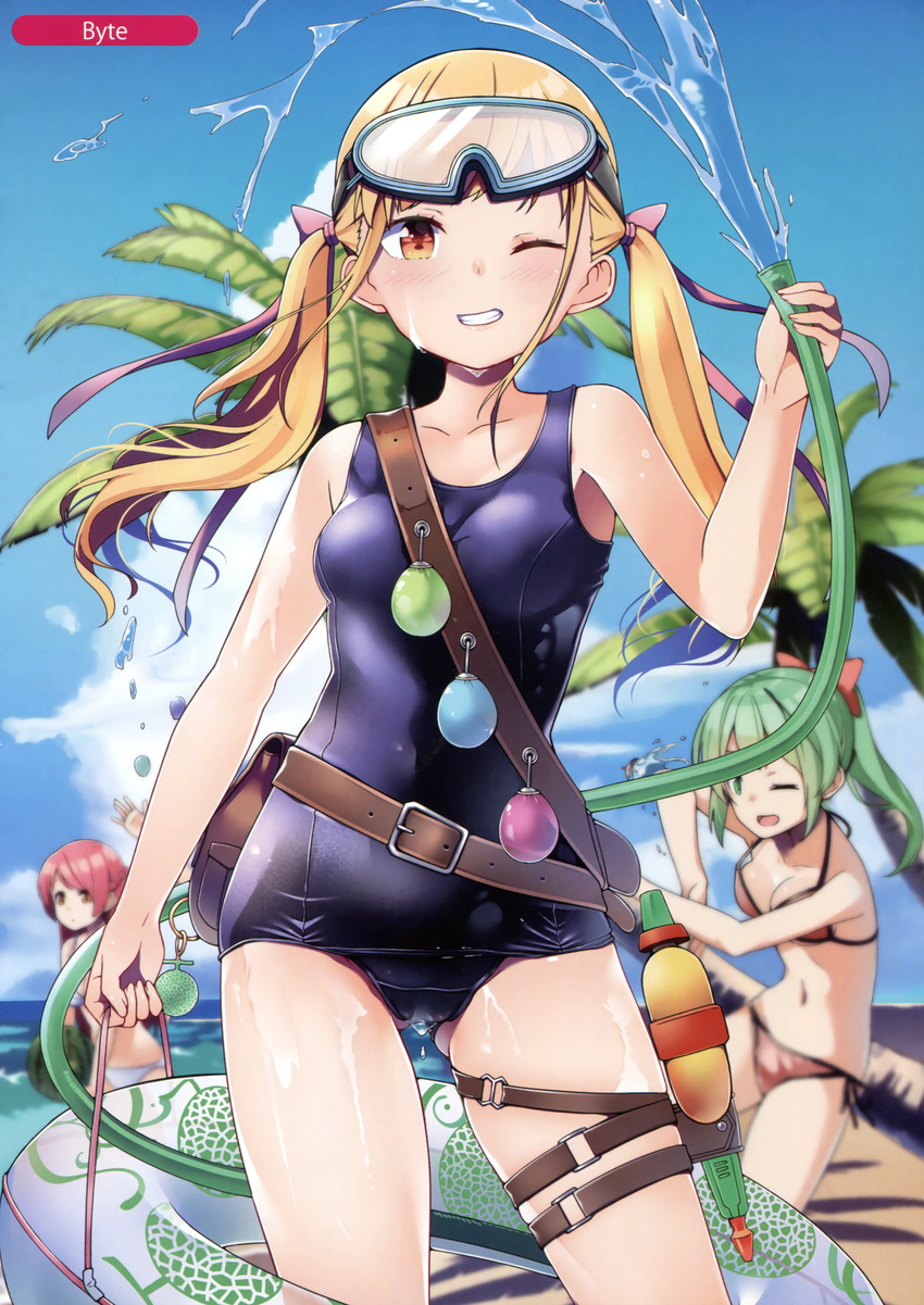 ;) ;d absurdres arm_up artist_name ass_visible_through_thighs bangs beach between_breasts bikini blonde_hair blue_sky blue_swimsuit breasts brown_eyes byte_(allbyte) cloud cloudy_sky collarbone contrapposto covered_navel cowboy_shot day goggles goggles_on_head green_hair grin hand_up highres hose innertube long_hair looking_at_viewer medium_breasts melonbooks multiple_girls old_school_swimsuit one-piece_swimsuit one_eye_closed open_mouth original outdoors parted_lips pink_hair ponytail print_innertube scan school_swimsuit school_uniform serafuku short_sleeves side-tie_bikini sidelocks sky smile solo_focus standing strap_cleavage swimsuit swimsuit_under_clothes thigh_strap thighs twintails water_balloon water_gun