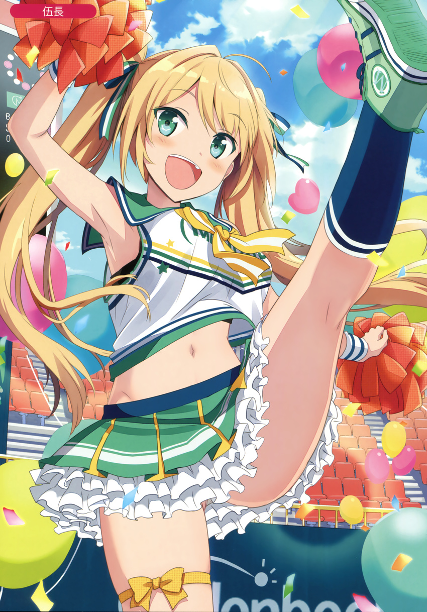 :d absurdres ahoge bangs bleachers blonde_hair blue_legwear blue_sky blush breasts cheerleader cloud cloudy_sky day eyebrows_visible_through_hair fang gochou_(atemonai_heya) green_eyes highres kneehighs kneepits leg_lift light_rays long_hair looking_at_viewer medium_breasts melonbooks midriff navel open_mouth original outdoors pom_poms ribbon scan shoes sky smile sneakers solo stadium sunbeam sunlight thigh_ribbon thighs tsurime twintails very_long_hair yellow_ribbon