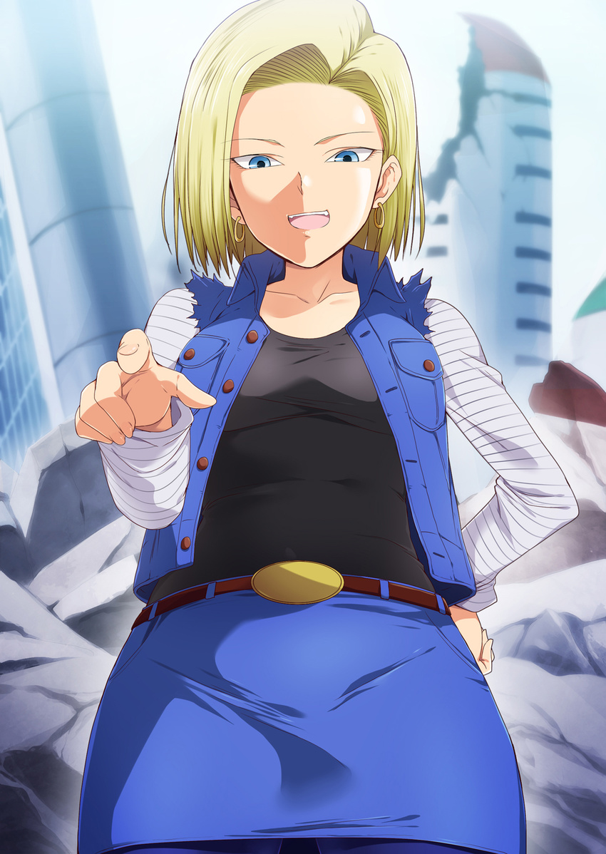 1girl android_18 belt black_shirt blonde_hair blue_eyes blue_skirt bob_cut breasts cowboy_shot dragon_ball dragonball_z earrings hand_on_hip highres hoop_earrings jacket kaiga legs looking_at_viewer open_jacket open_mouth outdoors pointing raglan_sleeves shirt short_hair skirt smile solo standing thighs