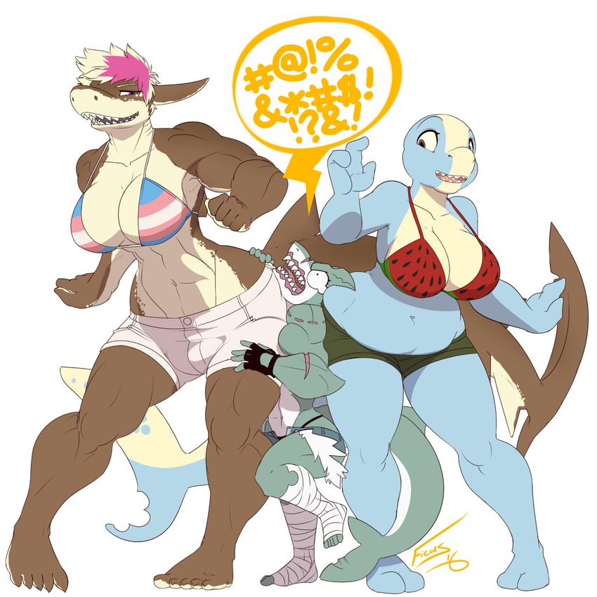 2017 5_fingers anthro bandage big_breasts bikini bra breasts brown_skin butt clothed clothing female ficus fin fish hair invalid_tag marine open_mouth pink_hair profanity reptile scalie shark short_hair signature simple_background surprise swimsuit tomboy underwear