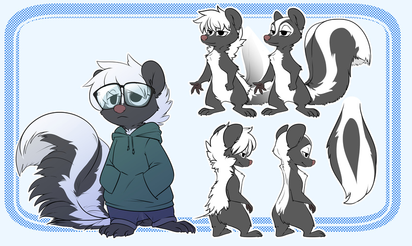 2017 ambiguous_gender anthro barefoot border briskby cheek_tuft chest_tuft claws clothed clothing disney eyewear fan_character featureless_crotch glasses half-closed_eyes hands_in_pockets hoodie mammal model_sheet nude simple_background skunk solo standing tuft white_background zootopia