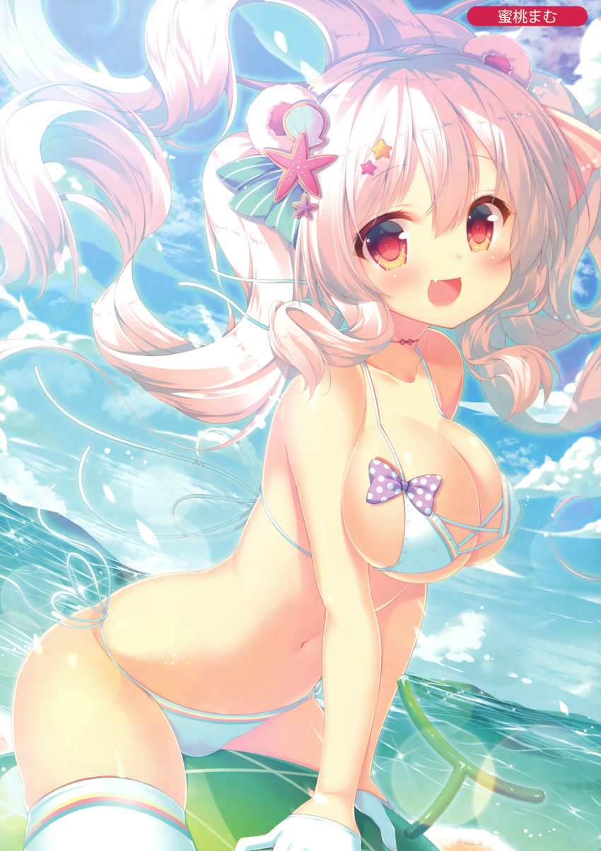:d absurdres artist_name bangs beach bikini blue_sky blush bow breasts cloud collarbone day eyebrows_visible_through_hair fang floating_hair gloves hair_ornament highres large_breasts leaning_forward long_hair looking_at_viewer melonbooks mitsumomo_mamu navel ocean open_mouth original outdoors polka_dot polka_dot_bow red_eyes side-tie_bikini sitting sky smile solo sparkle star star_hair_ornament swimsuit thighhighs very_long_hair water white_background white_bikini white_gloves white_legwear wind