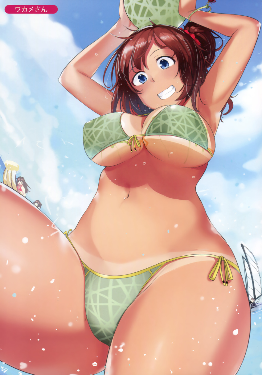 absurdres armpits arms_up artist_name banana bikini blue_hair blue_sky bracelet breasts brown_hair cloud dark_skin day food front-tie_top fruit green_bikini grin hair_ornament hair_scrunchie highres holding holding_food jewelry large_breasts long_hair melon melonbooks multiple_girls navel ocean original outdoors parted_lips ponytail red_scrunchie scan scrunchie side-tie_bikini sky smile solo_focus swimsuit tan tanline wakamesan water water_drop wet
