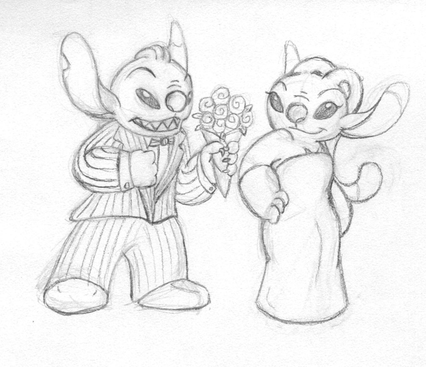 2007 4_fingers alien angel_(lilo_and_stitch) antennae bouquet bow_tie charming chest_markings clothed clothing disney dress duo experiment_(species) eyelashes flower footwear gloves greyscale grin hand_on_hip holding_flower holding_object lilo_and_stitch littletiger488 markings monochrome notched_ear pencil_(artwork) plant sharp_teeth shoes simple_background smile stitch teeth traditional_media_(artwork) tuxedo white_background