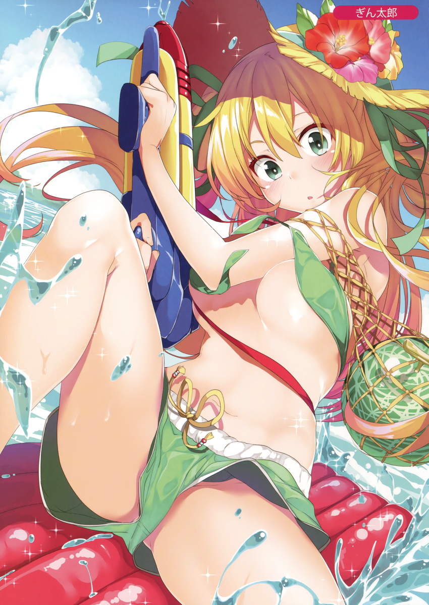 :o absurdres bangs bikini blonde_hair blue_sky blush breasts closed_mouth cloud cloudy_sky day flower food front-tie_bikini front-tie_top fruit gintarou_(kurousagi108) green_bikini green_eyes green_shorts gun hair_between_eyes hat hat_flower hibiscus highres holding holding_gun holding_weapon inflatable_raft knee_up long_hair looking_at_viewer medium_breasts melon melonbooks navel original outdoors red_flower scan shorts sitting sky smile solo sparkle straw_hat sun_hat swimsuit thighs tsurime untied untied_bikini water_gun weapon