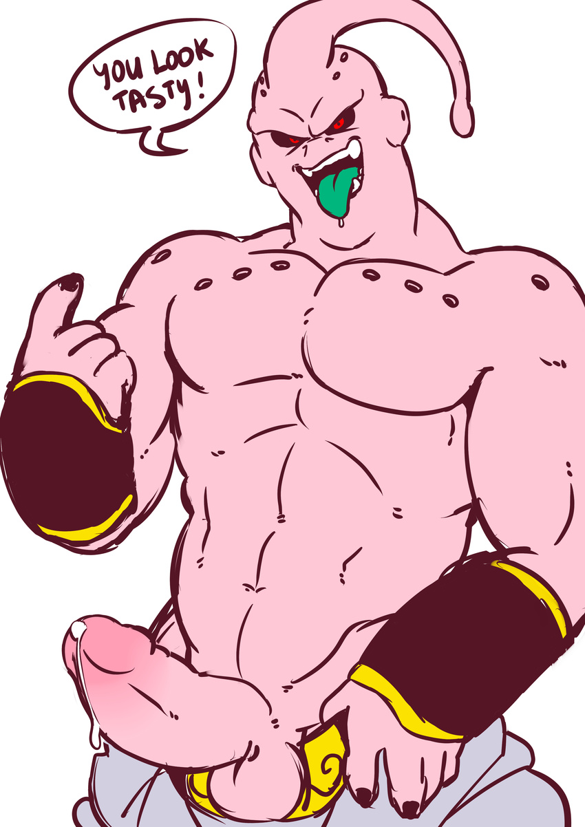 ! abs alien antennae anthro balls close-up clothed clothing cum cum_on_penis dialogue dragon_ball dragon_ball_z drooling english_text erection hi_res looking_at_viewer majin_buu male manly mostly_nude muscular navel open_mouth orgasm pants pecs penis pink_skin purico red_eyes saliva sharp_teeth smile solo standing teeth text thick_penis tongue tongue_out topless