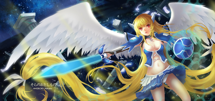 absurdly_long_hair angel_wings astraea blonde_hair blue_skirt blush breasts character_name cleavage eyebrows_visible_through_hair highres holding holding_sword holding_weapon hongse_beiyu large_breasts long_hair looking_at_viewer navel panties parted_lips skirt solo sora_no_otoshimono sword underwear very_long_hair weapon white_panties wings