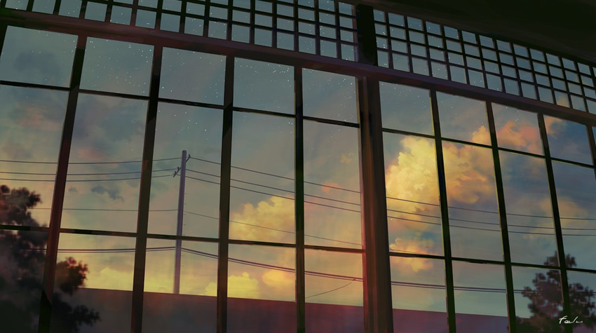 cloudy_sky commentary_request feel_(nasitaki) gradient_sky indoors no_humans original outdoors power_lines scenery signature sky sunset telephone_pole tree wall window