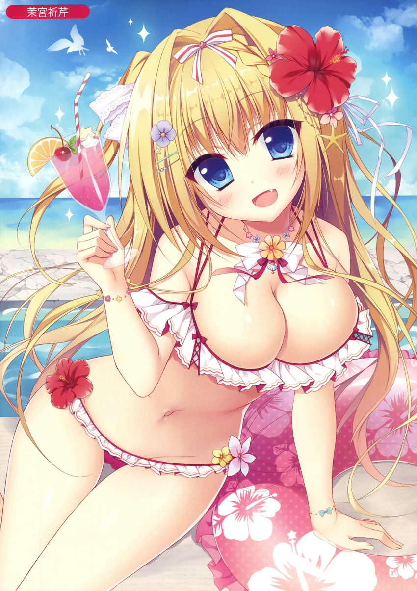 :d absurdres arm_support bangs beach bikini blonde_hair blue_sky blush braid breasts bug butterfly cleavage cloud cloudy_sky collarbone cup day fang flower frilled_bikini frills hair_intakes hair_ornament hairclip hand_up hibiscus highres holding holding_cup horizon innertube insect large_breasts long_hair looking_at_viewer matsumiya_kiseri melonbooks navel ocean open_mouth original outdoors red_flower scan sidelocks sitting sky smile solo swimsuit thighs tropical_drink tsurime