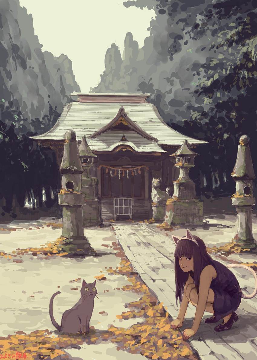 :3 absurdres animal_ears autumn_leaves bangs bare_arms bare_shoulders black_eyes black_footwear black_hair blue_dress blunt_bangs cat cat_ears cat_tail closed_mouth commentary_request day dress fake_animal_ears gate hairband highres leaf long_hair looking_at_viewer looking_to_the_side original outdoors path road scenery shoes shrine sketch smile solo squatting statue stone_lantern tail zennosuke