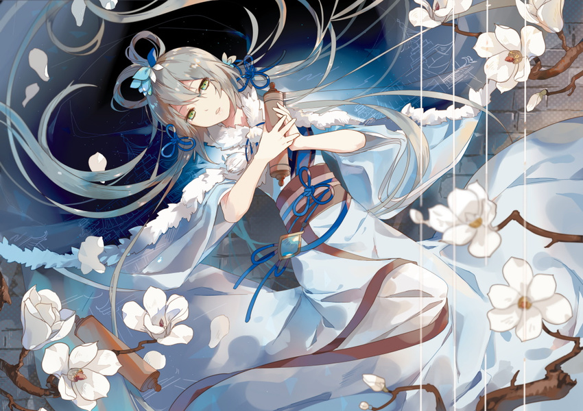 bangs blue_cape branch cape capelet chinese_clothes commentary_request floating_hair flower fre fur-trimmed_cape fur_trim green_eyes hair_between_eyes hanfu light_smile long_hair looking_at_viewer luo_tianyi lying obi on_back parted_lips petals sash scroll silver_hair solo very_long_hair vocaloid vocanese white_flower