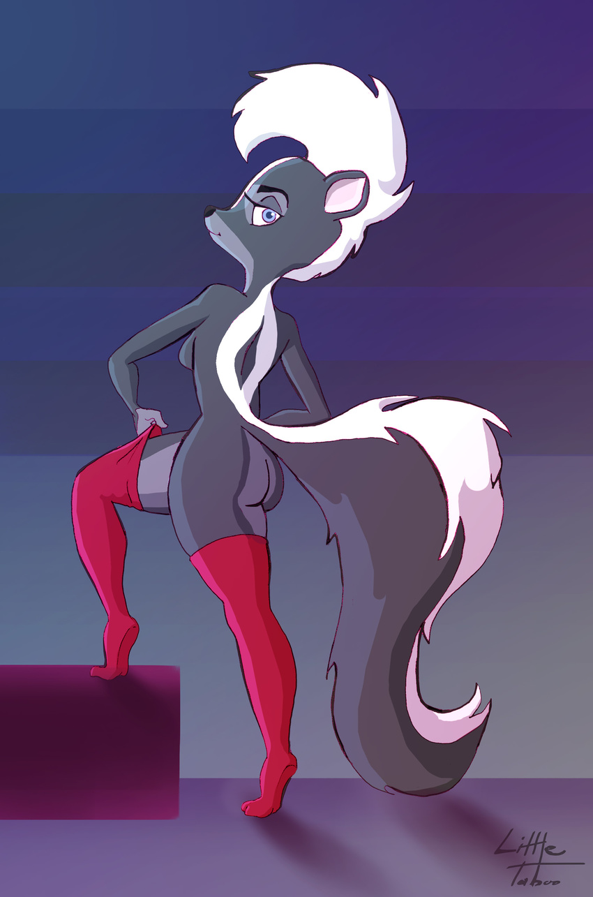 anthro breasts butt clothing courtney-brushmarke disney female hi_res legwear little_taboo looking_at_viewer looking_back mammal mostly_nude pinup pose side_boob skunk solo thigh_highs walking zootopia