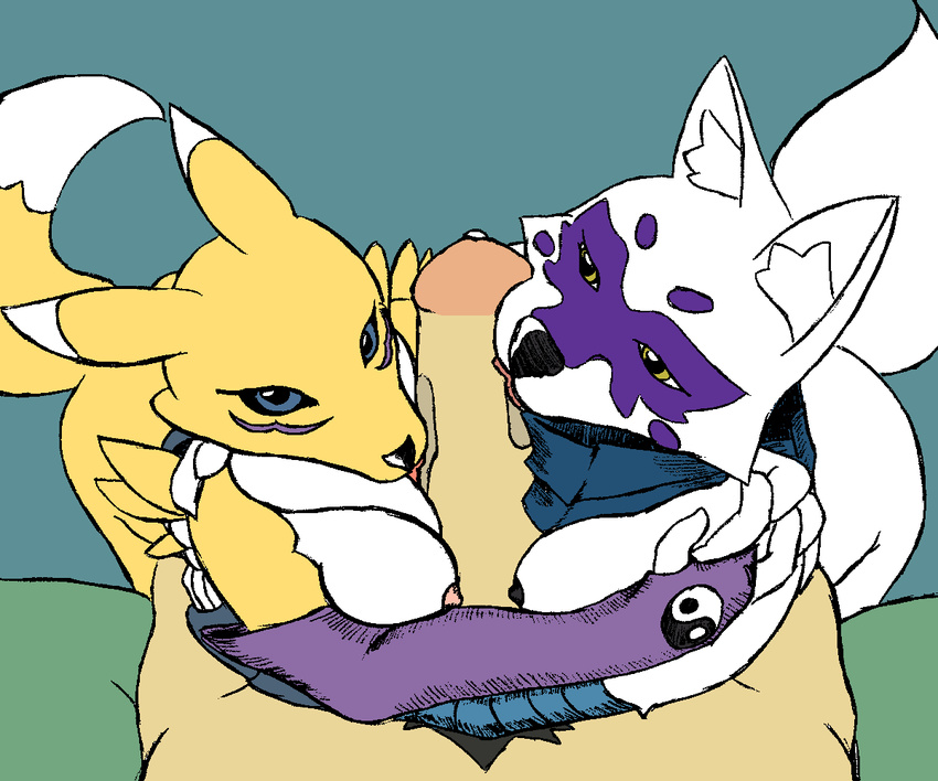 alopex animated arctic_fox black_sclera canine clothing colored digimon dragonweirdo edit erection female fox group group_sex licking male male/female mammal nipples penis renamon sex simple_background teenage_mutant_ninja_turtles threesome tongue tongue_out