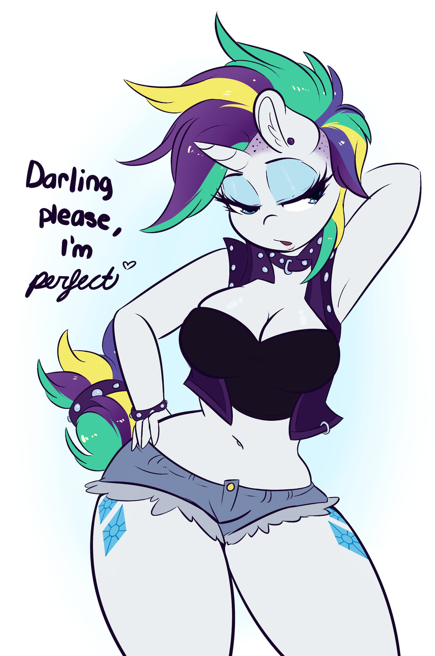 2017 absurd_res alternate_hairstyle anthro anthrofied blue_eyes breasts cleavage clothed clothing cutie_mark cutoffs denim_shorts dialogue ear_piercing english_text equine eyelashes eyeshadow female friendship_is_magic hair hand_behind_head hand_on_hip hi_res horn makeup mammal midriff multicolored_hair multicolored_tail my_little_pony navel piercing rarity_(mlp) shorts solo text unicorn wickedsilly